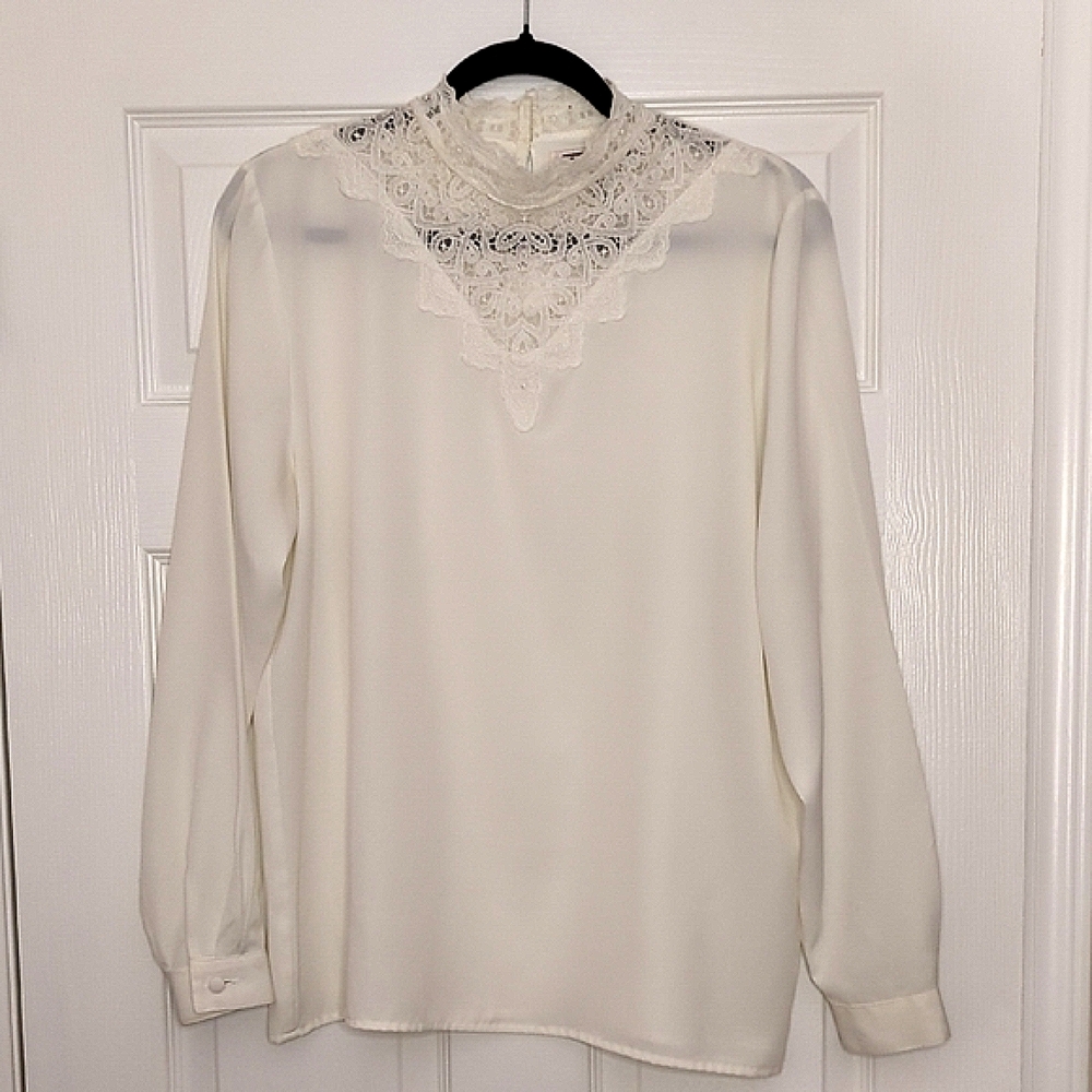 Vintage K.B. Lawrence White Victorian Lace Mock Neck Blouse - Women's Size 12